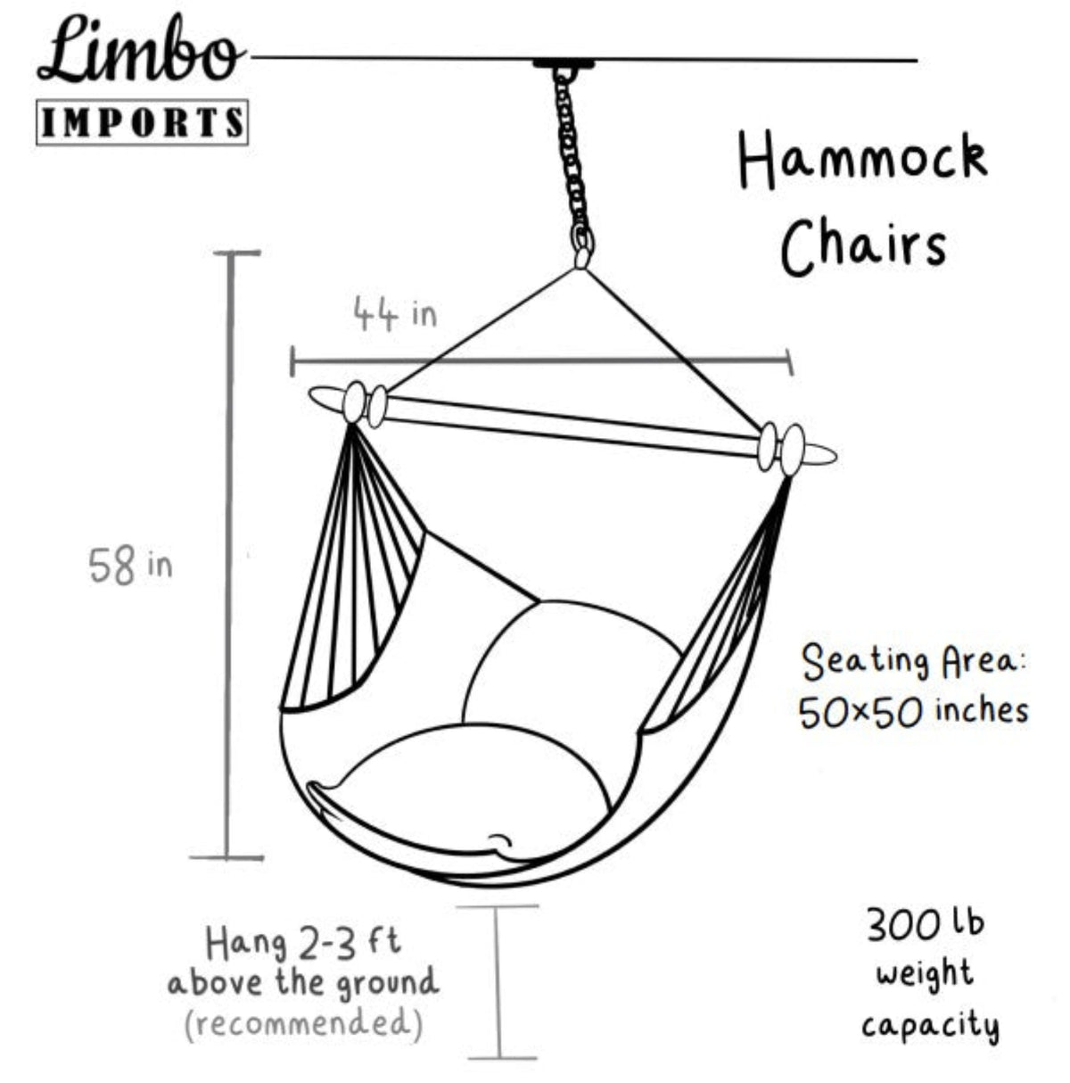 Diagram of a hammock chair with dimensions and seating area details, branded as Limbo Imports.