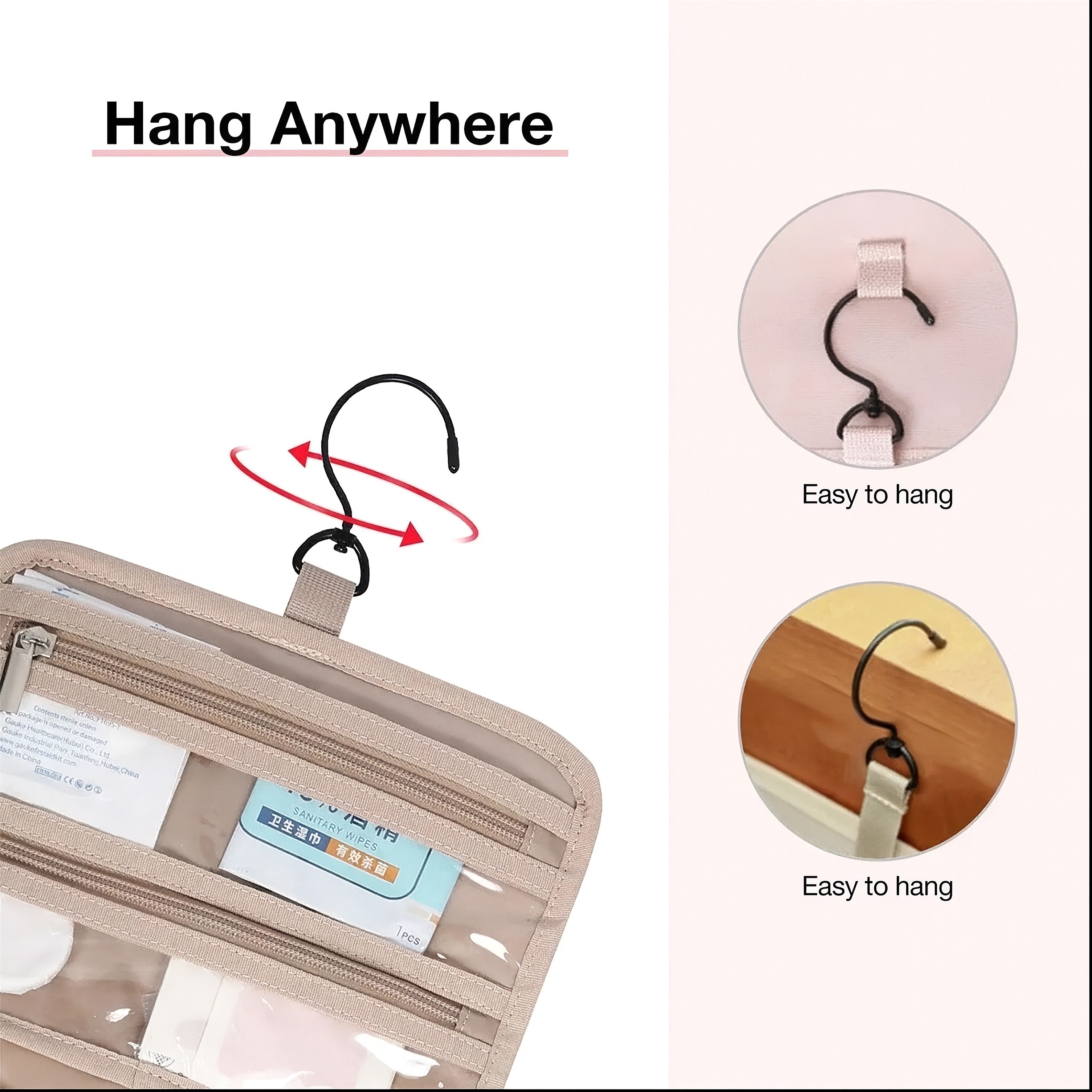 Hanging organizer with text 'Hang Anywhere' and images of hooks on different surfaces.