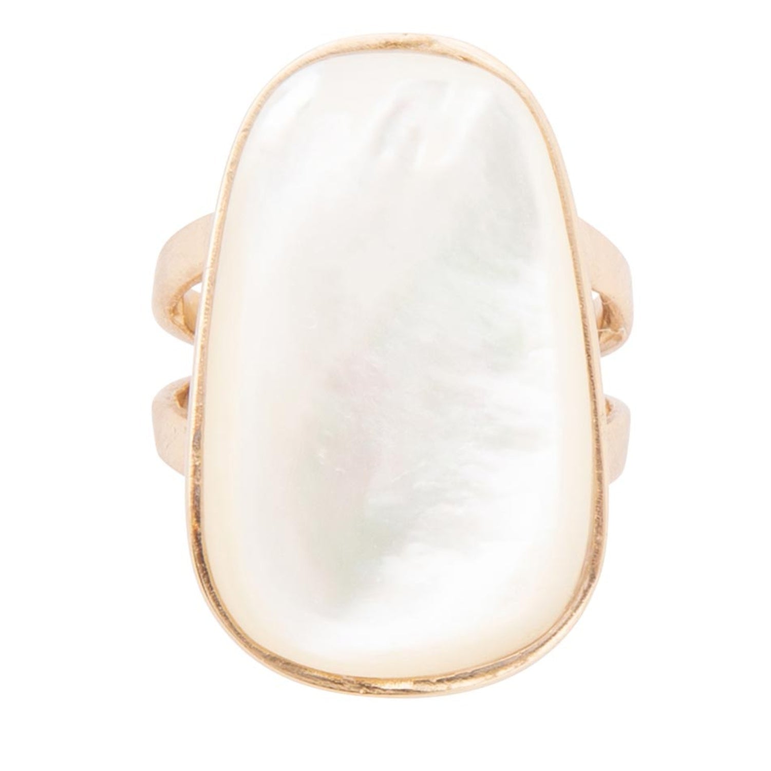Ring with a large white stone and gold band on a white background