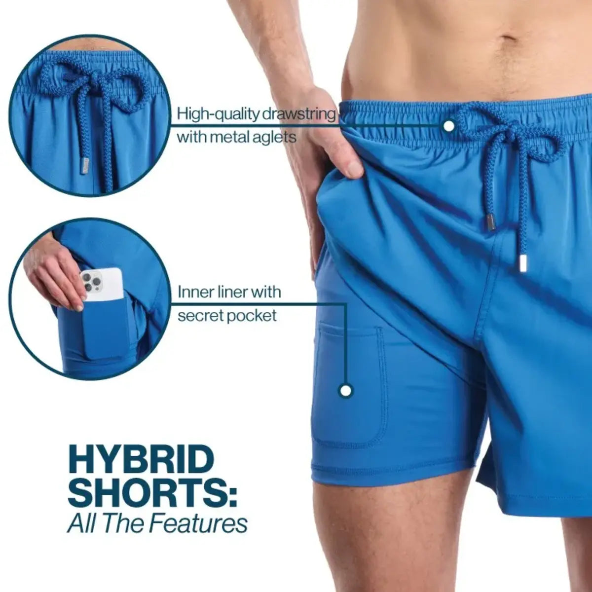 Blue hybrid shorts with features highlighted on a white background