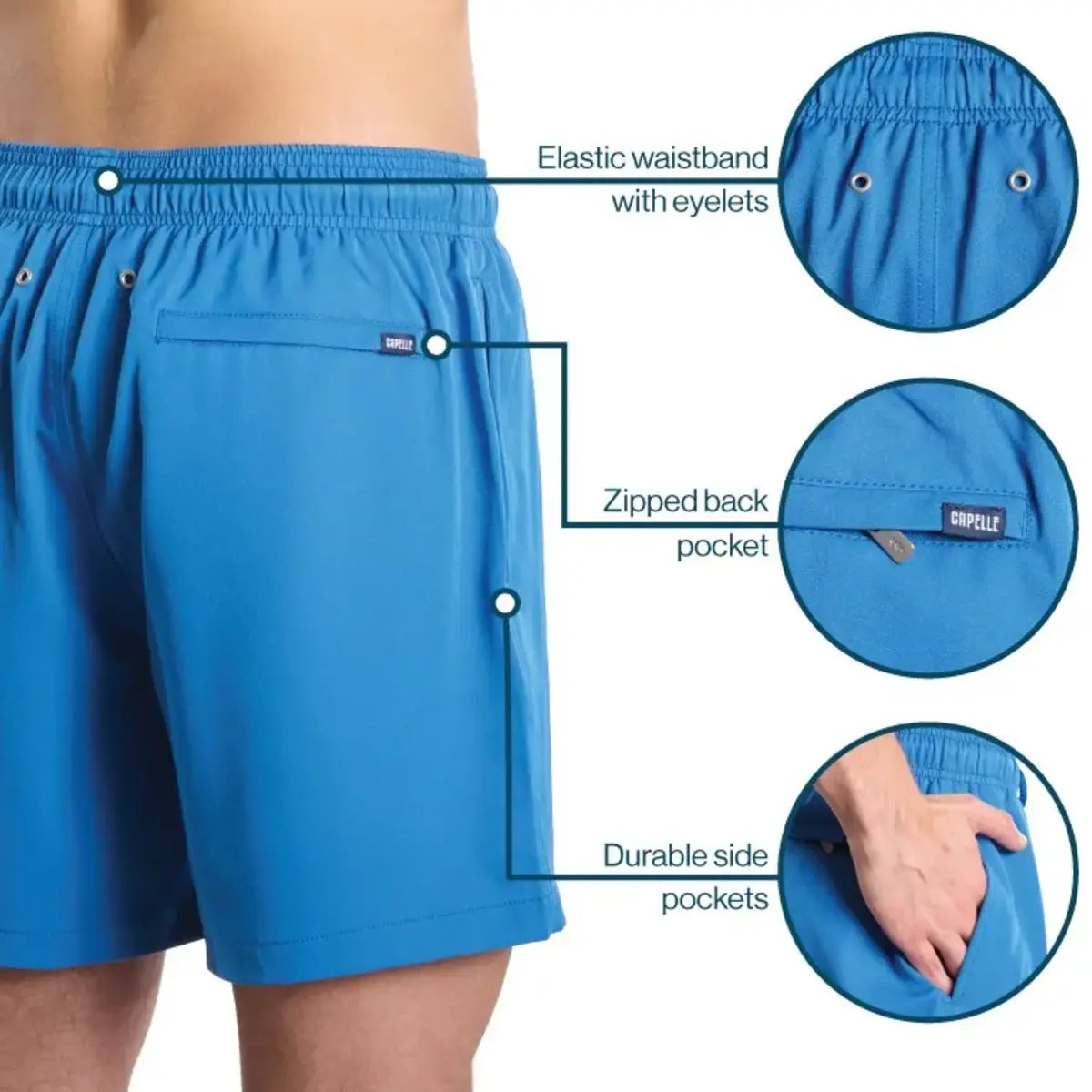 Blue shorts with features highlighted on a white background