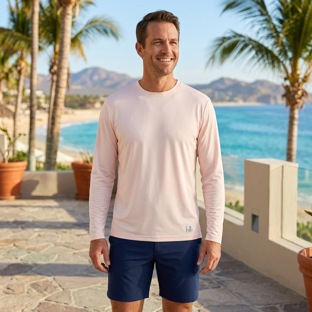 AI-generated lifestyle image of a man wearing the Pickleball Bella Gossamer Pink long sleeve tee on a seaside resort vacation.