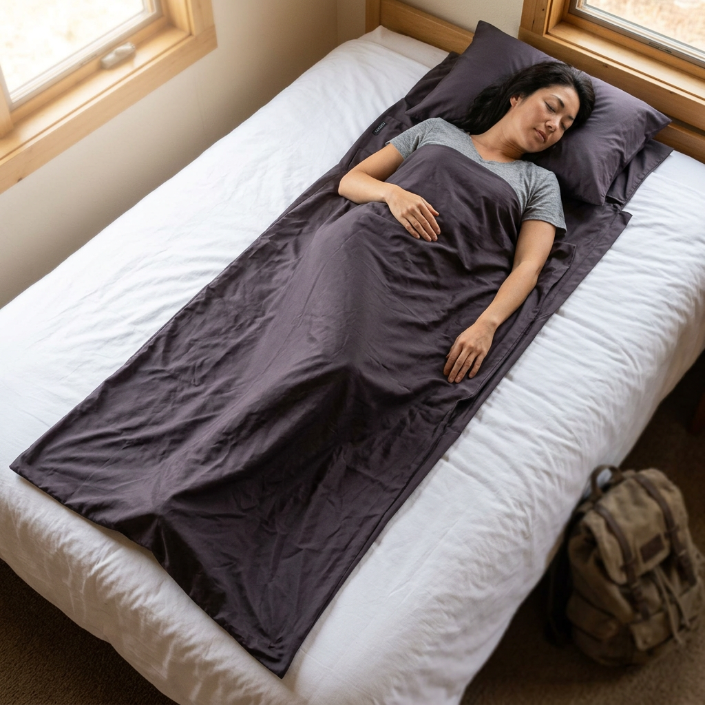 Woman resting inside a Volcano Grey COCOON Thermolite Silkweight TravelSheet on a bed in a cabin guest room.