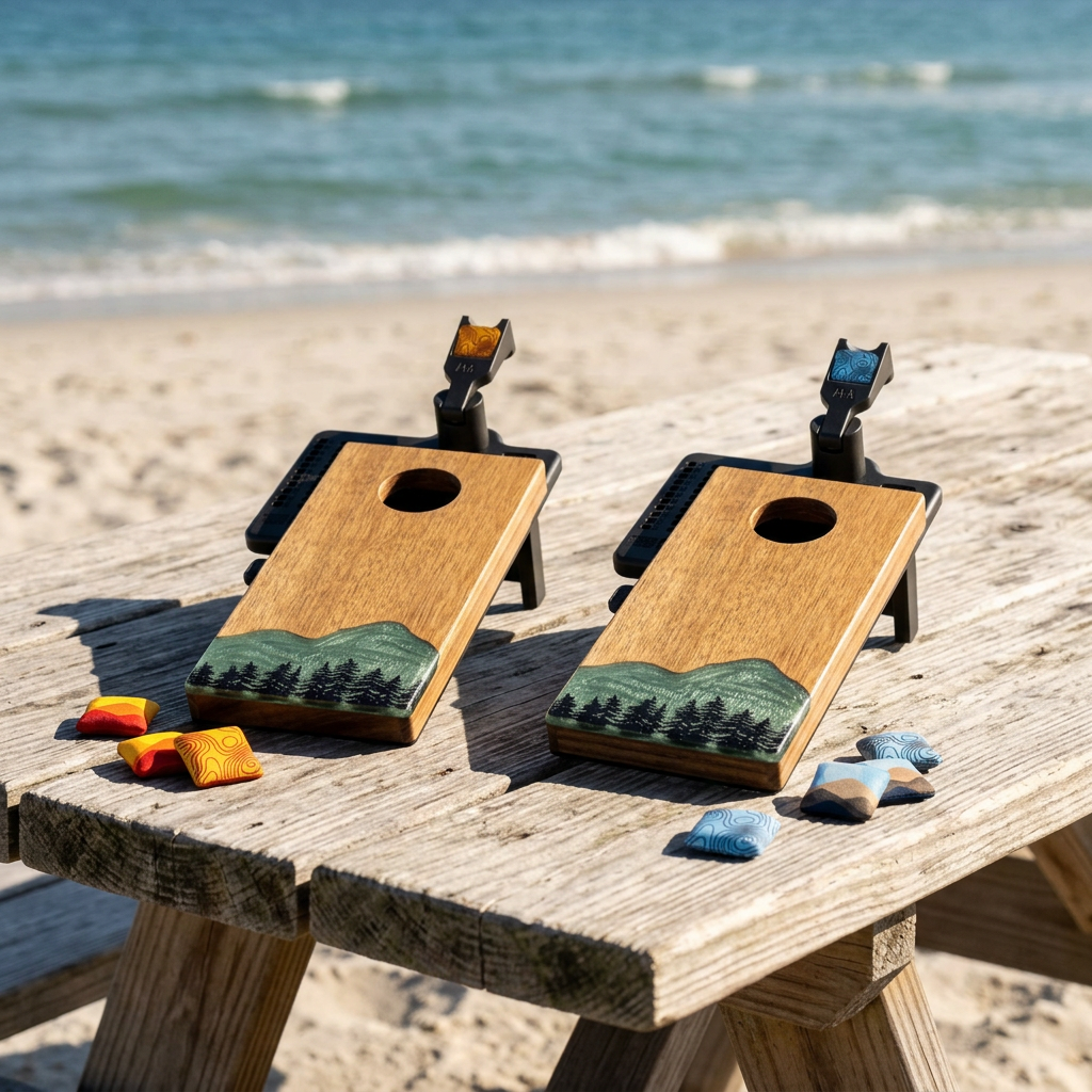 Elakai Mountain Collection green mini tabletop cornhole set on a beachside picnic table