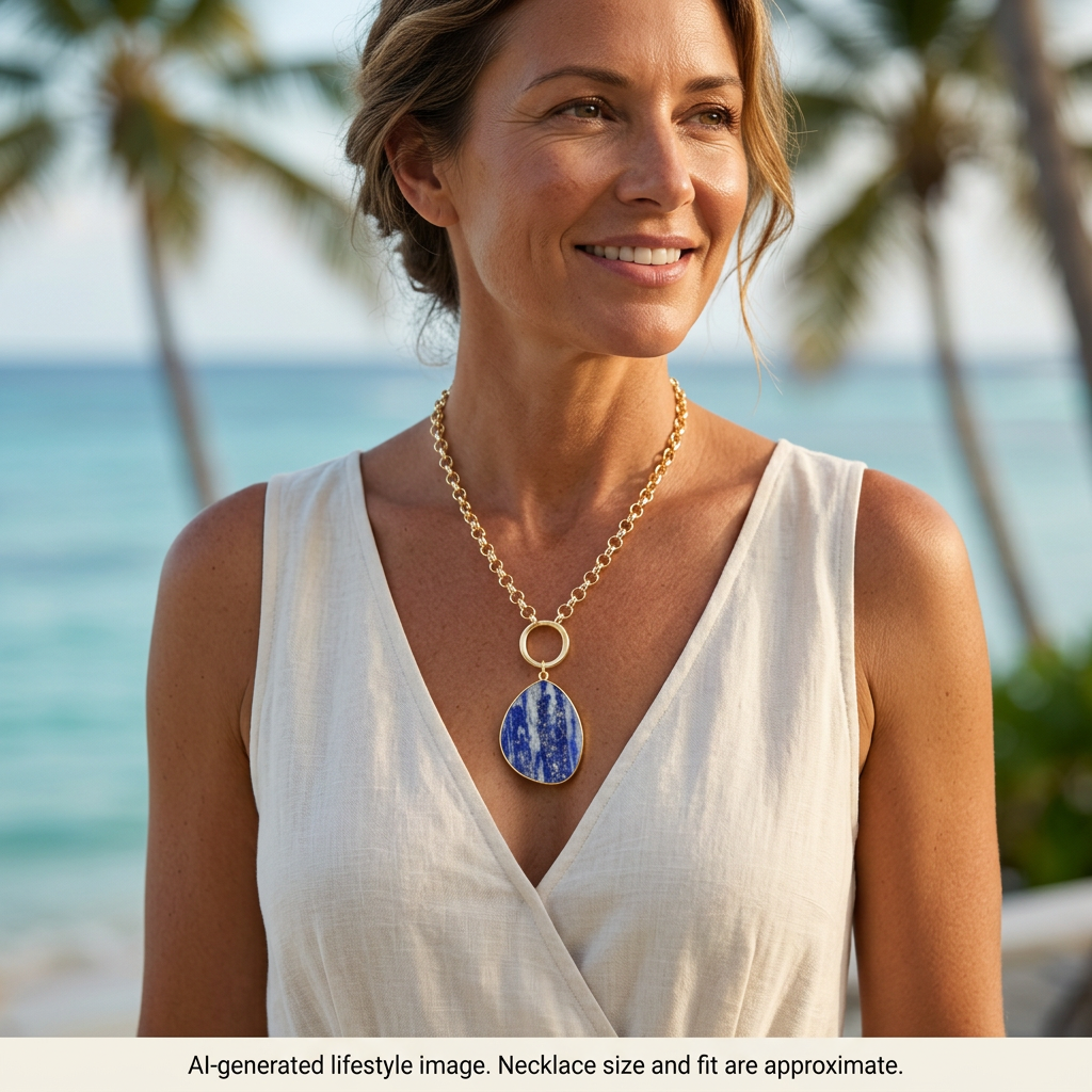 AI-generated lifestyle image of a woman wearing the Barse blue lapis pendant necklace on vacation. Necklace size and fit are approximate.