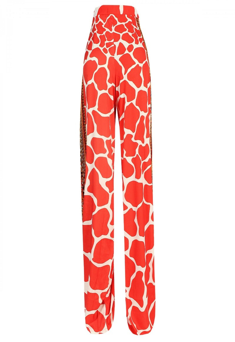 Red and white patterned pants on a white background