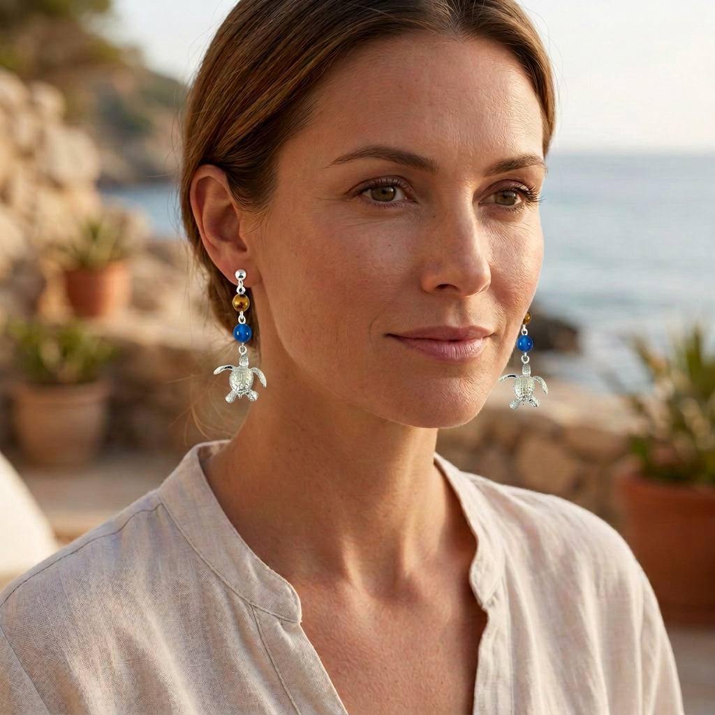 Woman wearing Big Blue sea turtle dangle earrings with royal blue and brown Czech beads. Lifestyle image; jewelry may not be shown to scale.