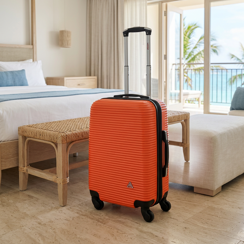 AI-generated lifestyle image of an orange InUSA Royal 20-inch spinner carry-on beside a woven bench in a coastal resort room.