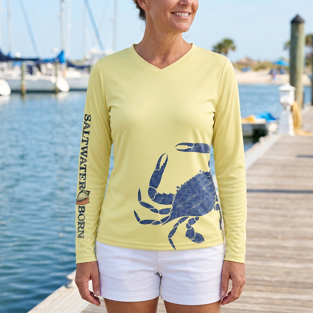 AI-generated lifestyle image of a woman wearing the canary-yellow Saltwater Born Blue Crab Wrap long sleeve shirt on a coastal vacation marina boardwalk.