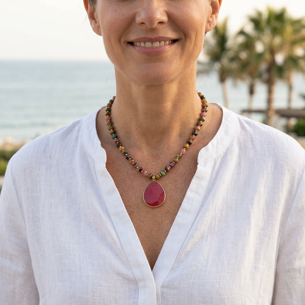 AI-generated lifestyle image of a woman wearing the Barse multicolor tiger's eye and pink jade pendant necklace at a seaside vacation resort.