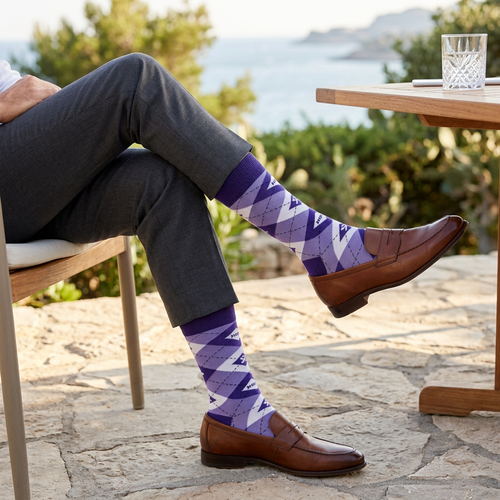 Man wearing Boldsocks HOPE purple argyle socks with charcoal trousers and brown loafers on a coastal terrace.