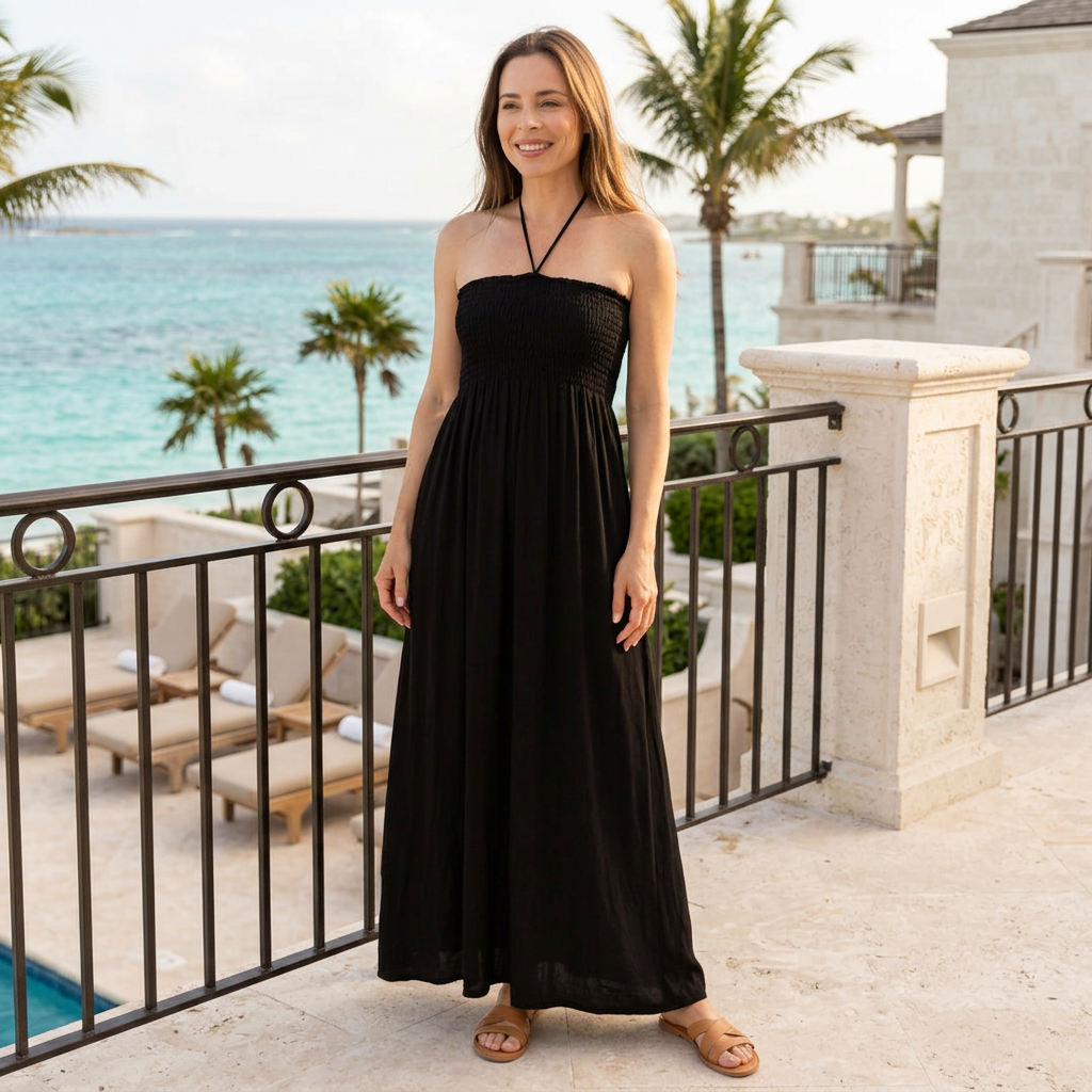 AI-generated lifestyle image of a woman wearing the black Sakkas halter maxi dress on a tropical seaside resort terrace.