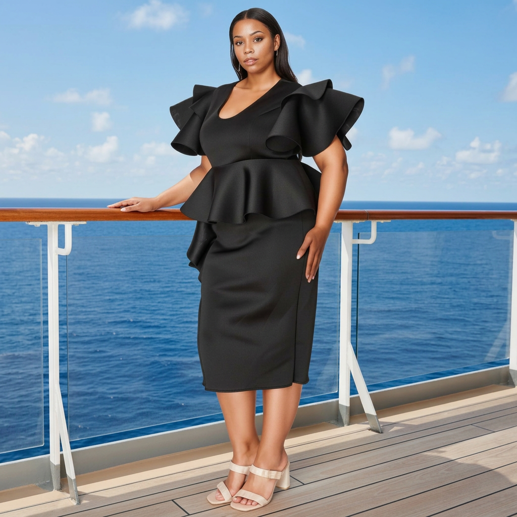 Woman wearing the black LIVD Kira Neoprene Peplum Dress with flutter sleeves on a cruise ship deck overlooking the blue ocean, square lifestyle photo.