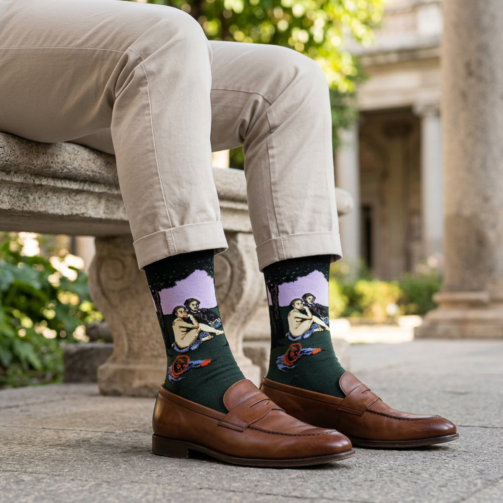 Man wearing Real Sic Luncheon on the Grass by Manet socks with tailored trousers and brown loafers in a museum courtyard.