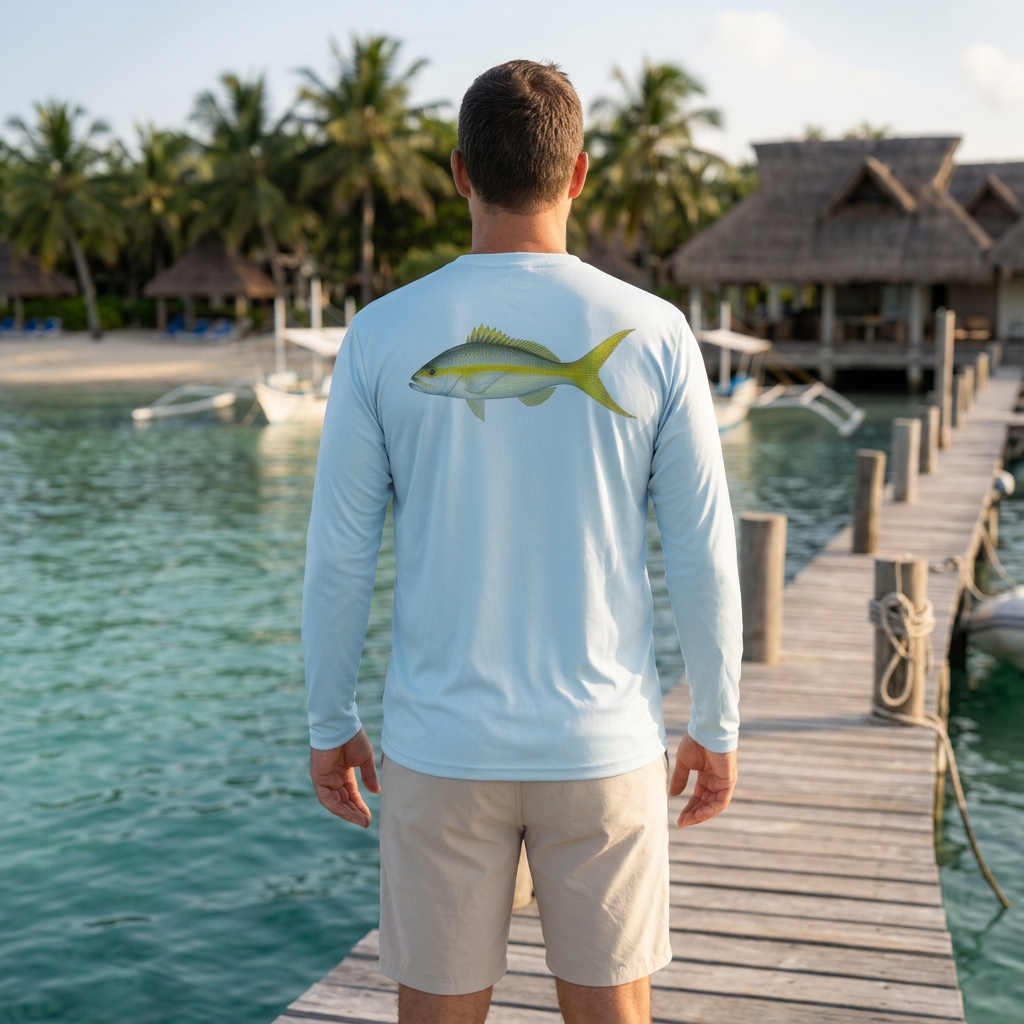 Back view of a man wearing the ice-blue Saltwater Born Yellowtail long sleeve shirt on a seaside dock, square vacation lifestyle image.