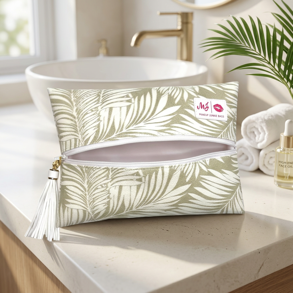 Makeup Junkie Bags Capri Sand palm-leaf makeup pouch with white zipper and tassel on a resort bathroom counter.