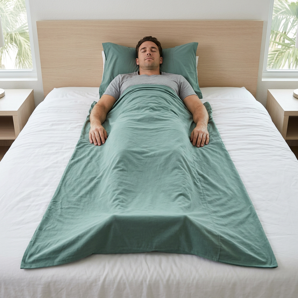 AI-generated lifestyle image of a traveler using the cactus blue-green COCOON Cotton XL TravelSheet on a resort bed.