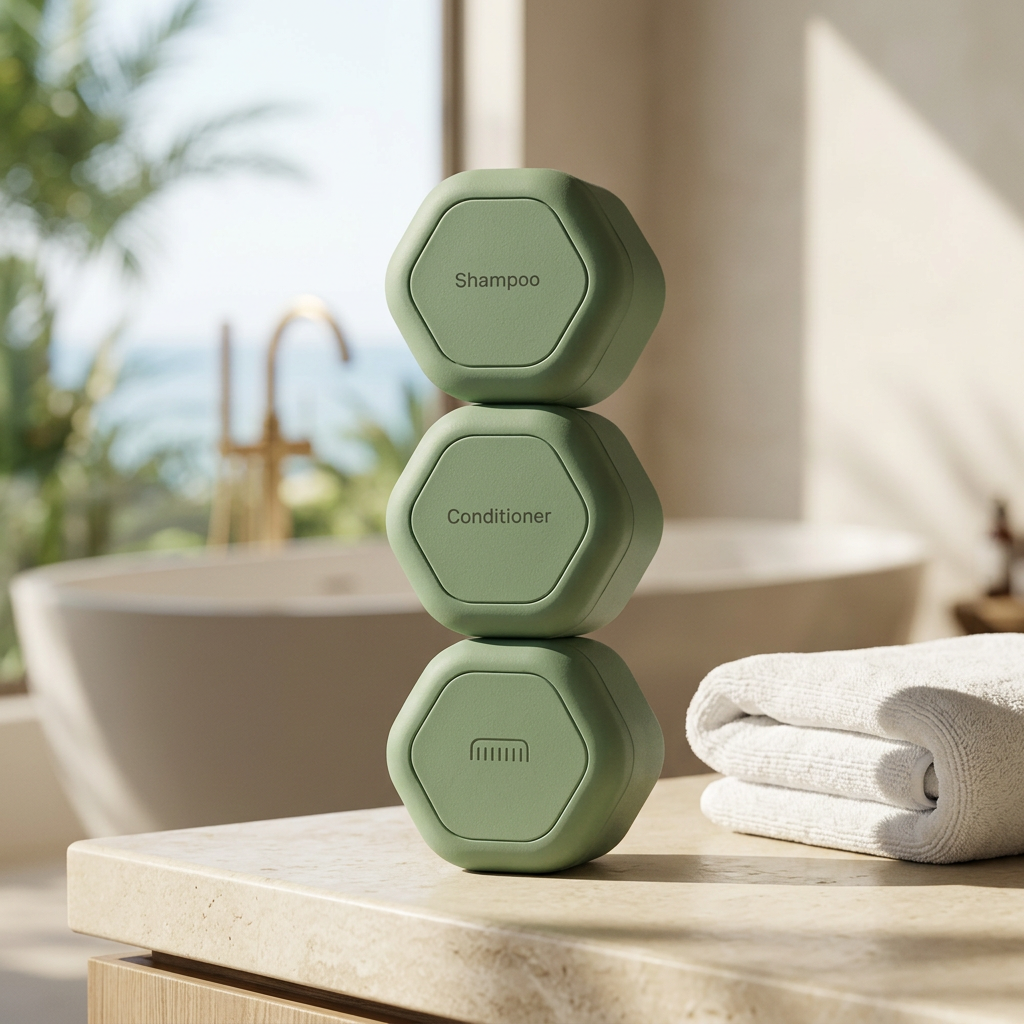 AI-generated lifestyle image of three sage-green Cadence Medium travel capsules on a stone vanity in a coastal resort bathroom.