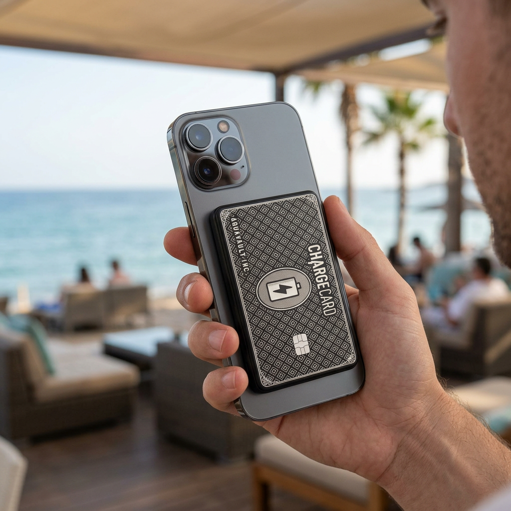 AI-generated lifestyle image of the AquaVault Wireless Magnetic Portable Charger attached to a phone in use on a seaside resort vacation.