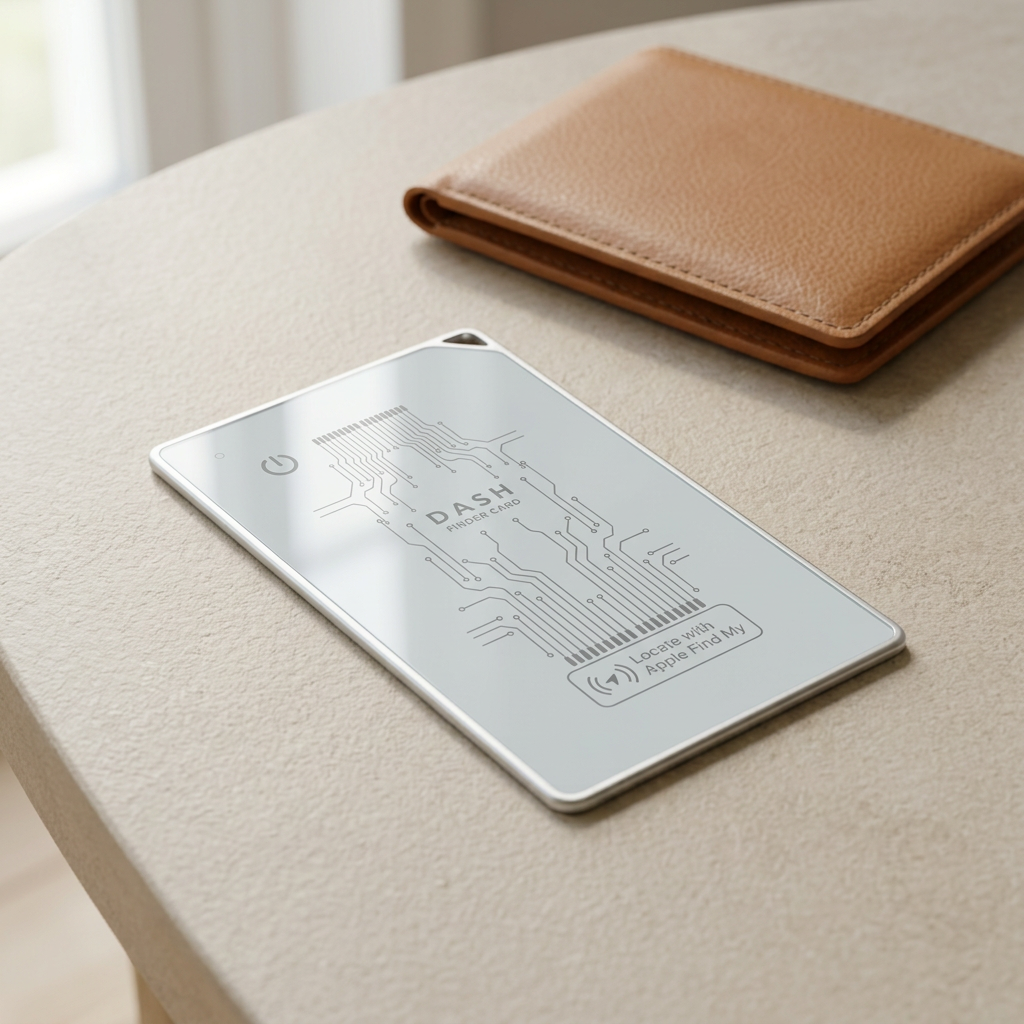 AI-generated lifestyle image of the Dash Wallets Tracker Card lying face-up on a neutral tabletop beside a tan leather wallet. Wallet is a styling prop.