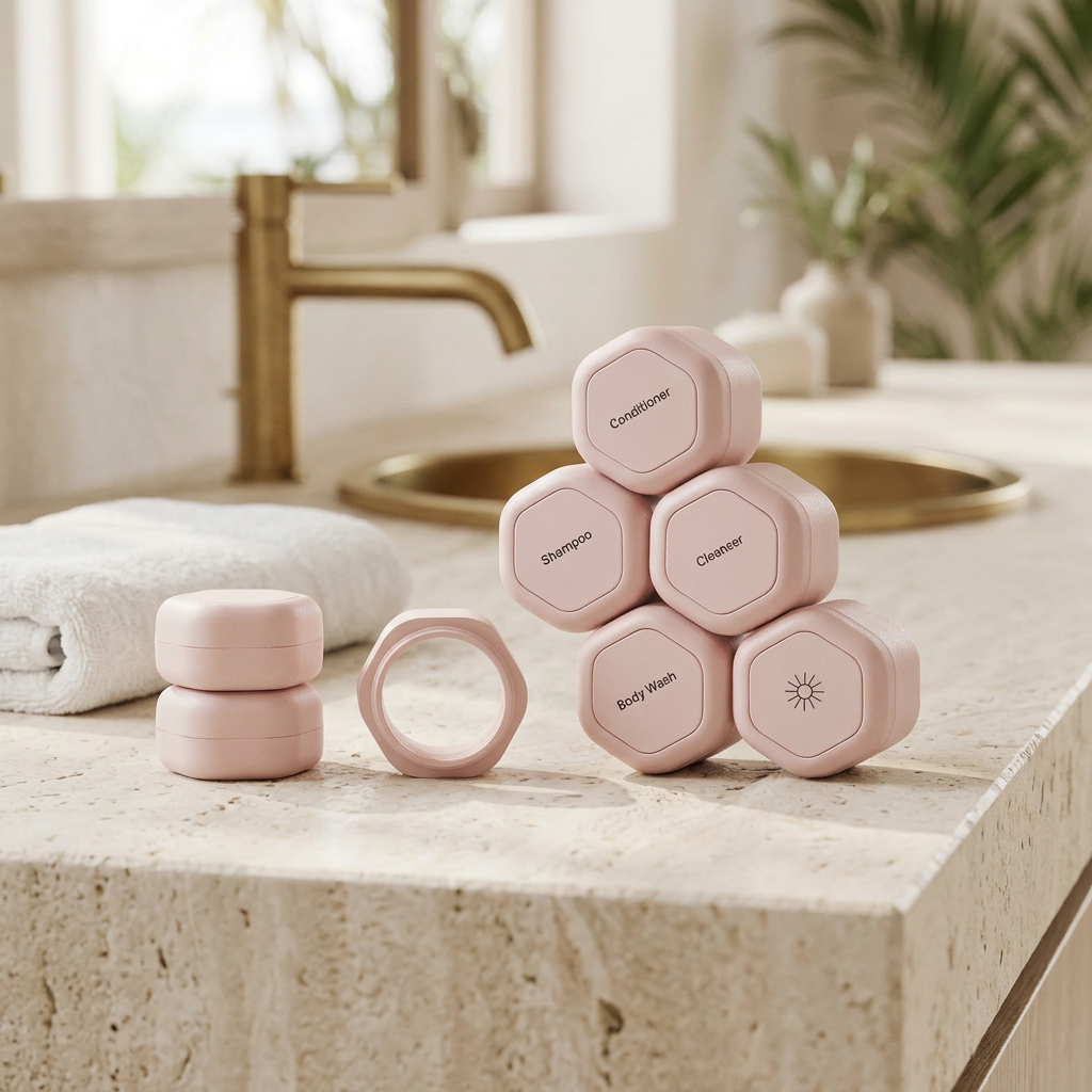 AI-generated lifestyle image of blush pink Cadence Bestseller Set travel capsules and extender on a stone vanity in a resort bathroom.