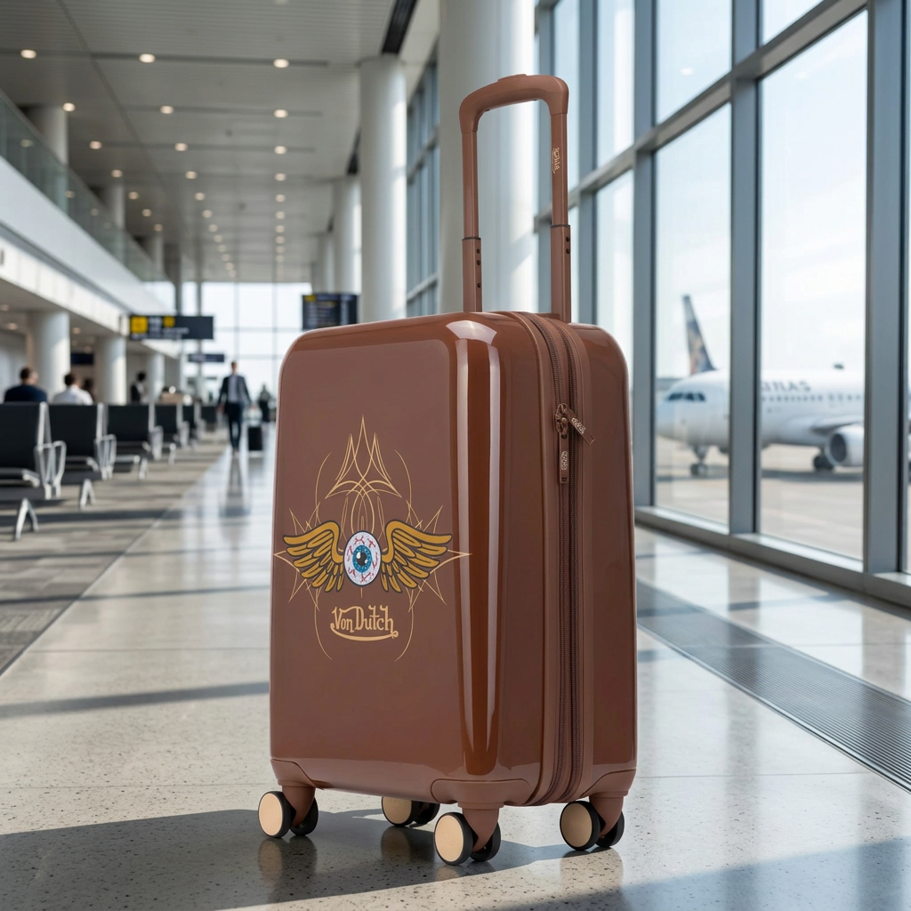 AI-generated lifestyle image of the brown Von Dutch Eyeflight carry-on spinner suitcase in an airport departure lounge.