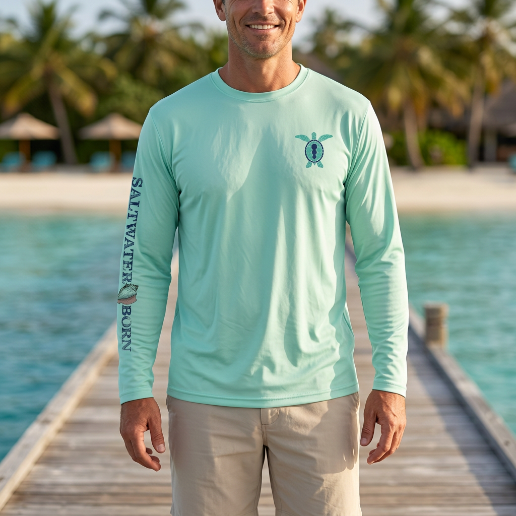 Man wearing the seafoam Saltwater Born Turtle on Chest long-sleeve shirt with beige shorts at a tropical seaside resort.