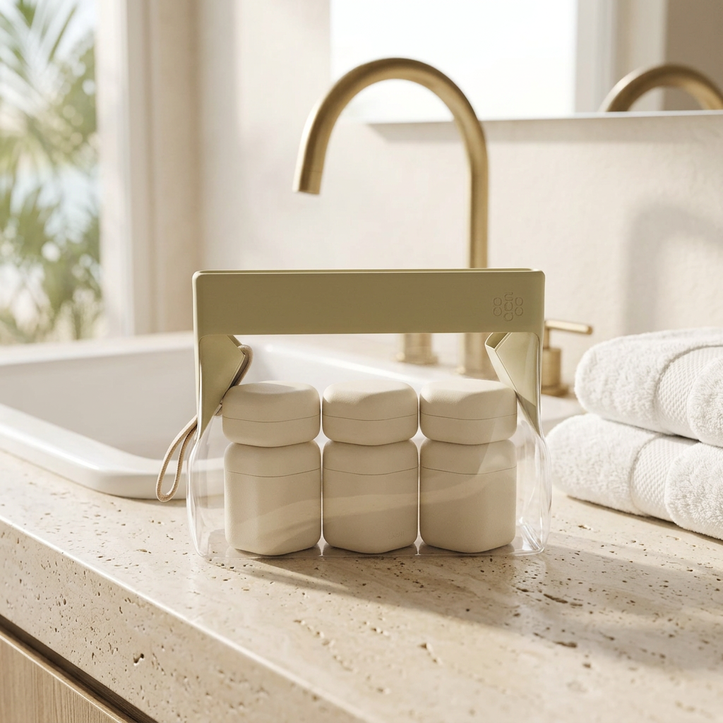 Cadence Discovery Set with cream travel capsules and clear Parcel pouch on a resort bathroom vanity