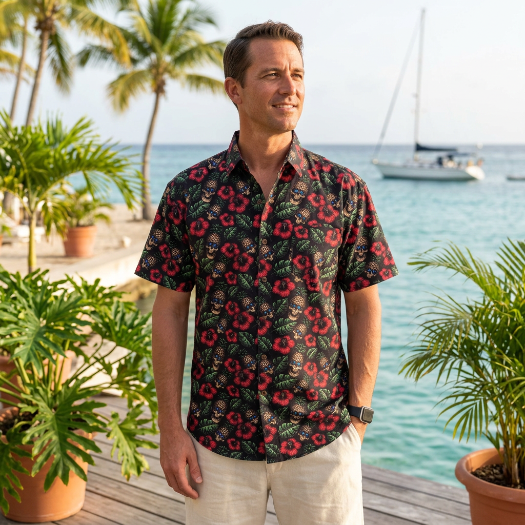 AI-generated vacation lifestyle image of a man wearing the Tropical Bros Pirate Pineapple Hawaiian Shirt on a Caribbean waterfront terrace.
