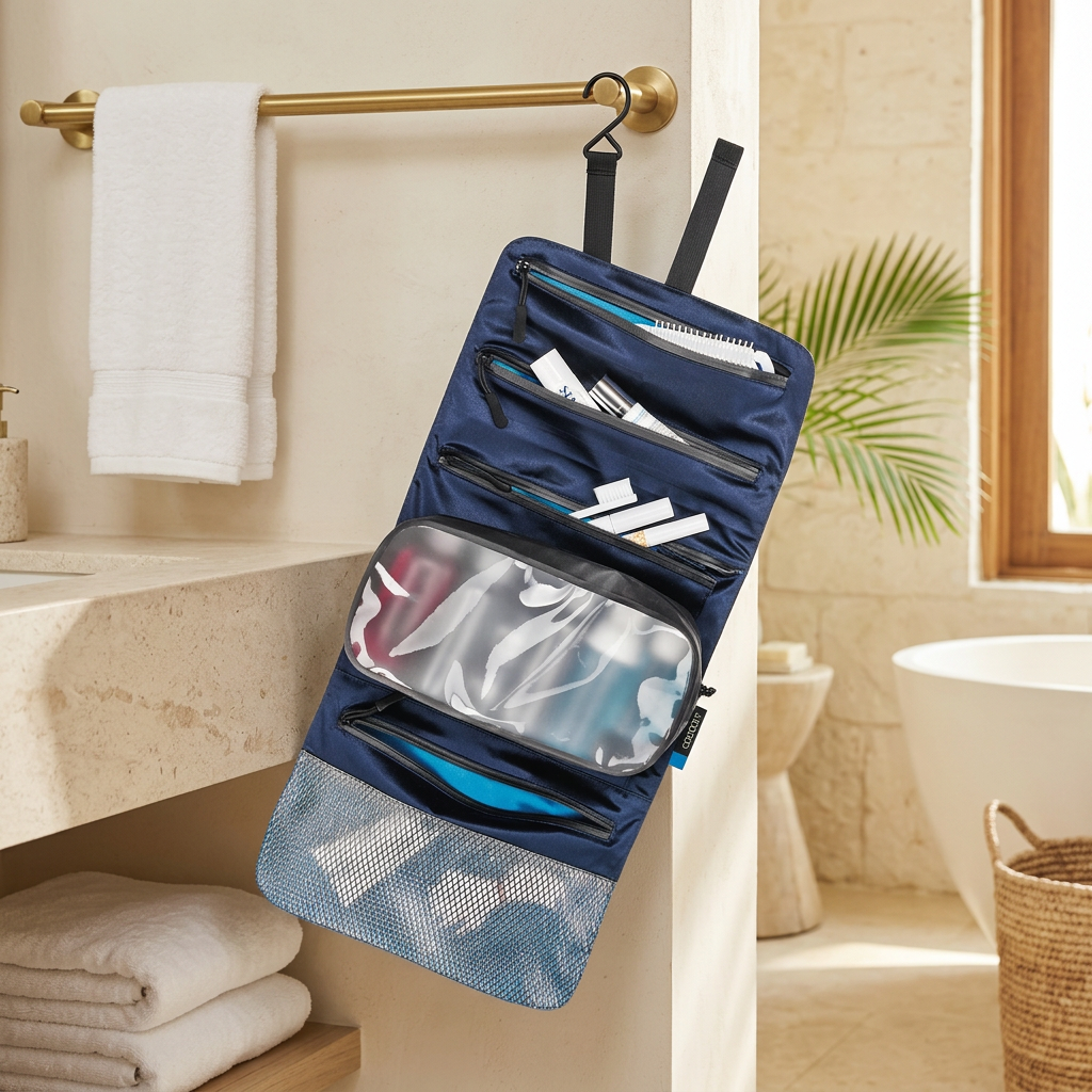 AI-generated lifestyle image of a navy COCOON Minimalist Hanging Toiletry Kit Monsoon Silk in a resort bathroom beside a stone vanity.