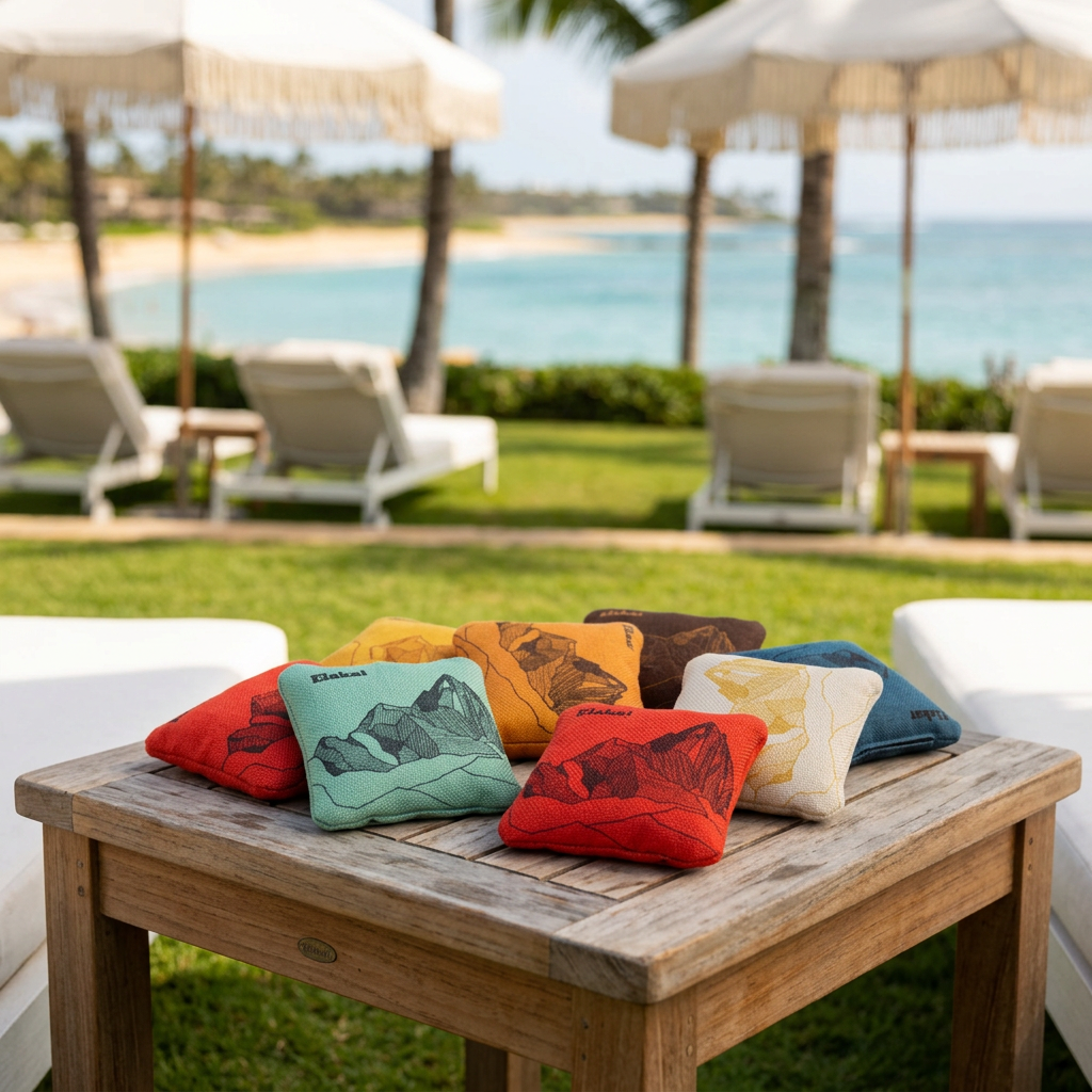 Elakai Outdoor Mount Elakai travel-size cornhole bags displayed on a teak table beside a coastal resort lawn.