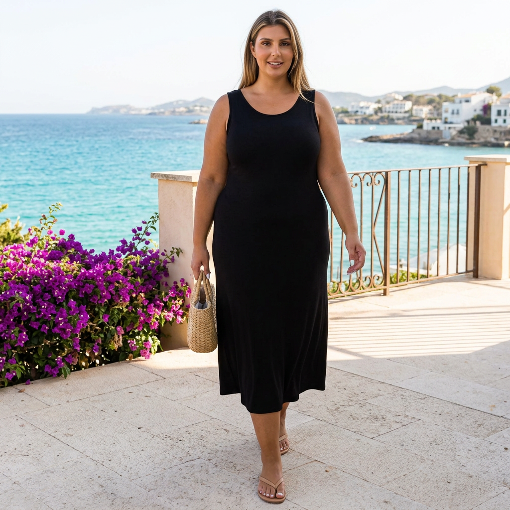 Woman wearing a black LIVD Mellie sleeveless scoop-neck tank dress on a seaside resort terrace.