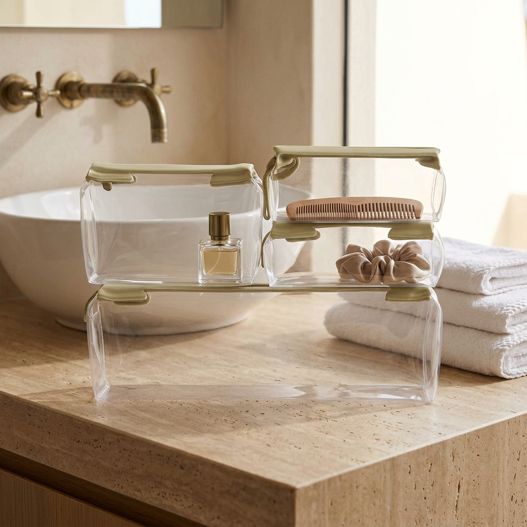 Cadence clear Parcel travel bags arranged on a resort bathroom vanity.