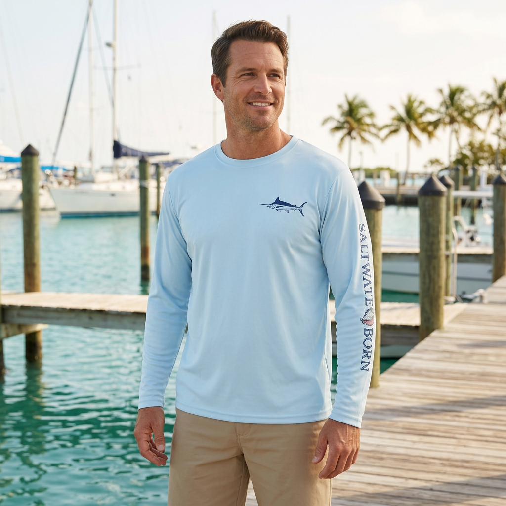 AI-generated lifestyle image of a man wearing the ice-blue Saltwater Born Blue Marlin long sleeve shirt on a coastal vacation marina dock.