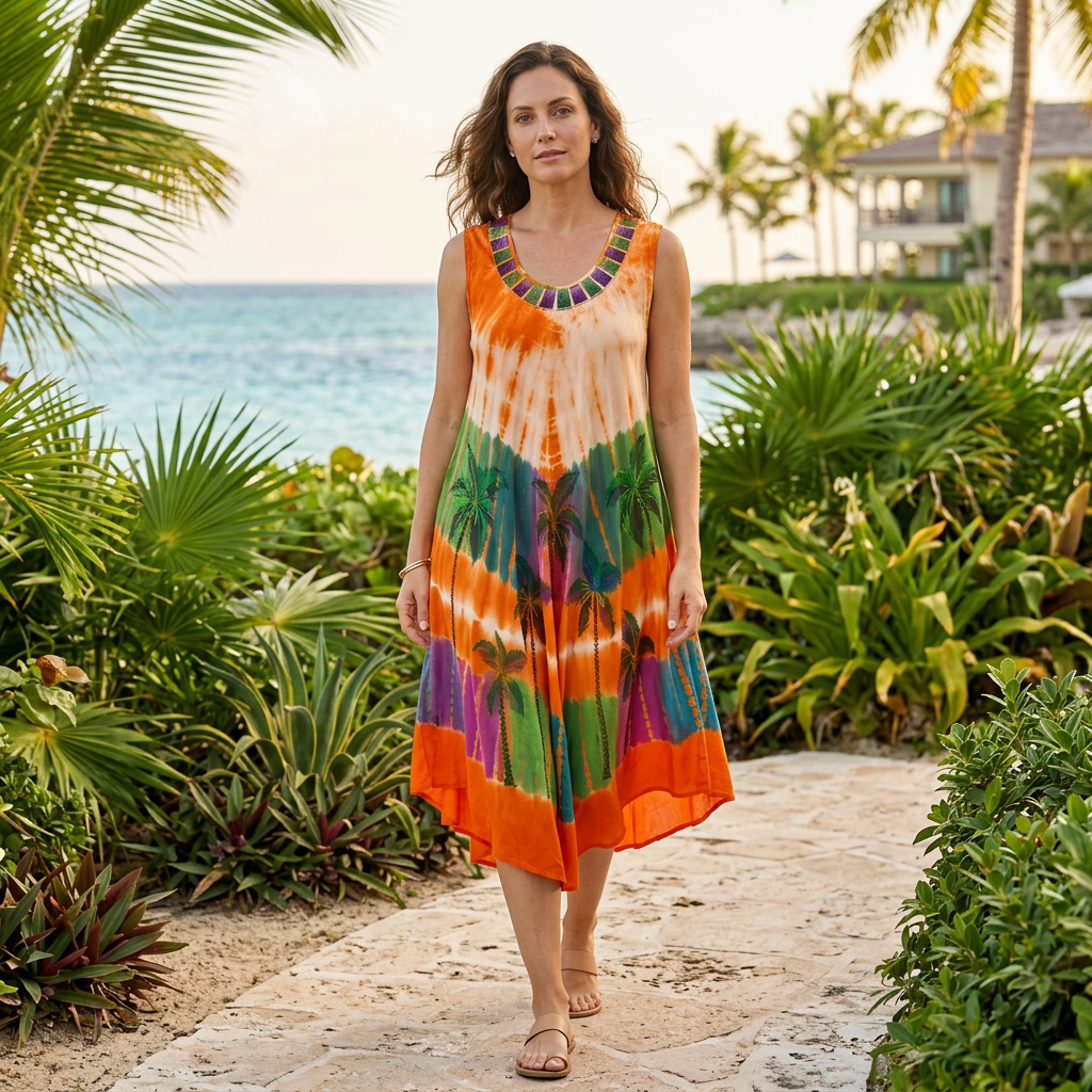 AI-generated lifestyle image of a woman wearing the colorful Sakkas Palm Tree tie-dye caftan at a tropical seaside resort.
