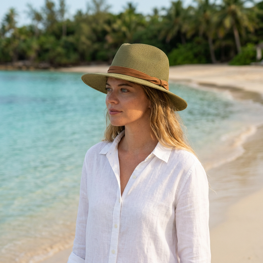 AI-generated vacation lifestyle image featuring the WYETH Sedona Sage hat during a beach stroll.
