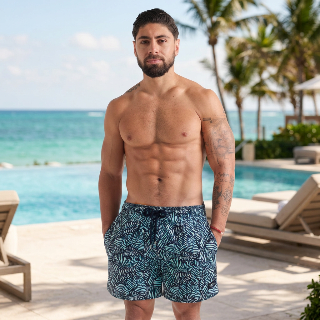 AI-generated lifestyle image of a man wearing Capelle Miami Beta Blue hybrid shorts on a tropical resort pool terrace.