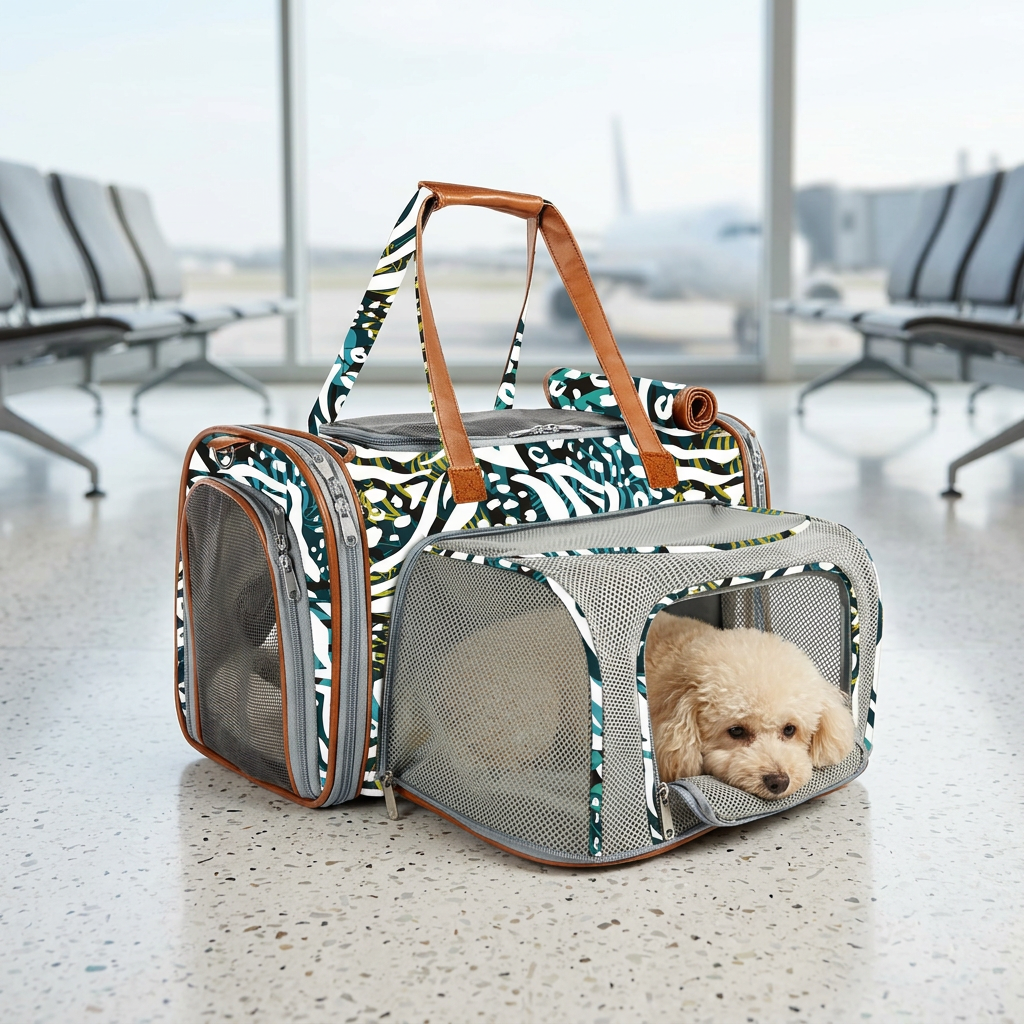 AI-generated lifestyle image of a small dog resting in a Mr. Peanut's Zzzebra expandable pet carrier in an airport lounge.