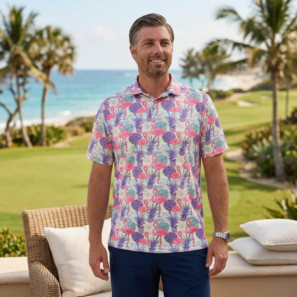 AI-generated vacation lifestyle image of a man wearing the Tropical Bros Shooter's Everyday Polo at a coastal golf resort.