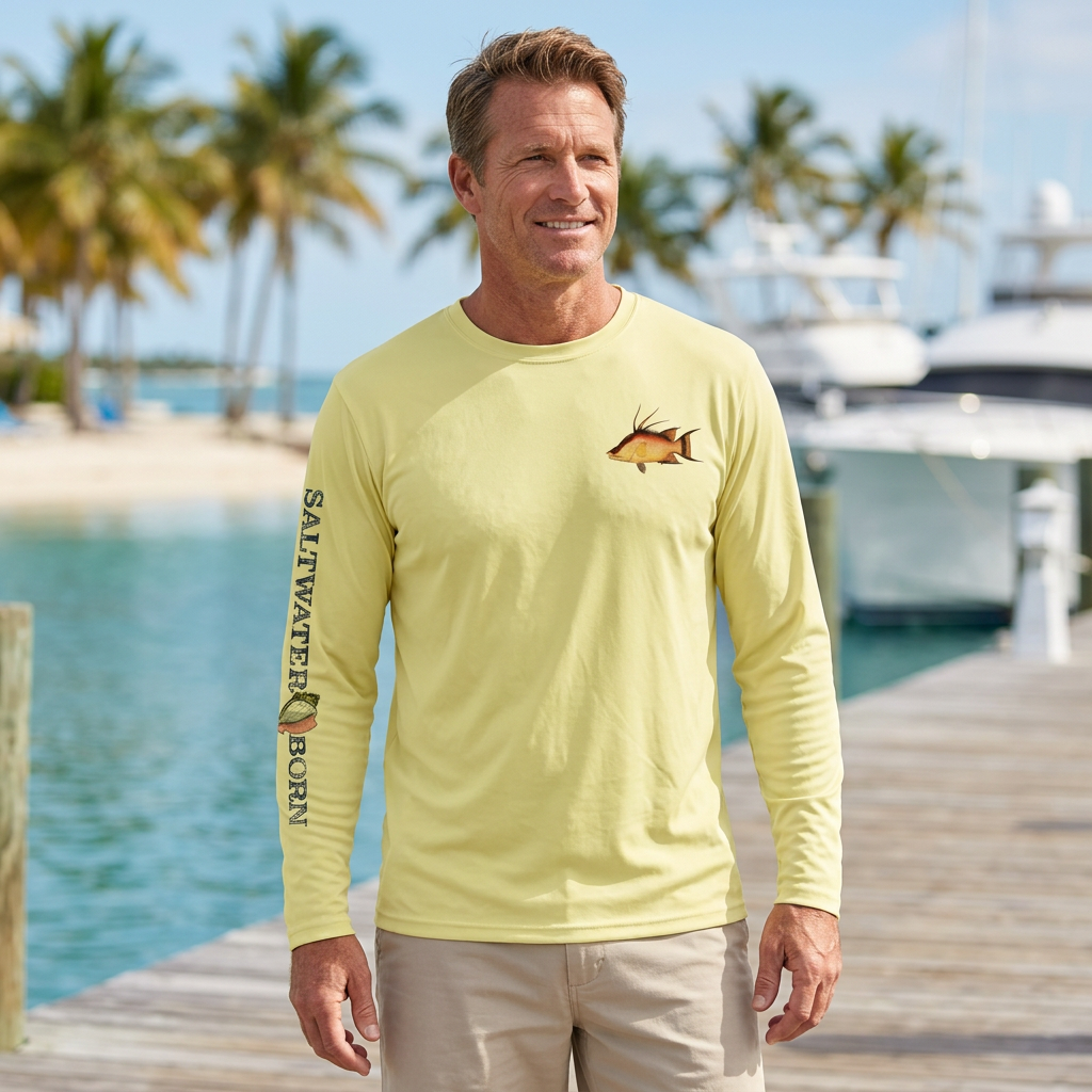 Man wearing the canary-yellow Saltwater Born Clean Hogfish long-sleeve shirt with beige shorts at a tropical resort marina.