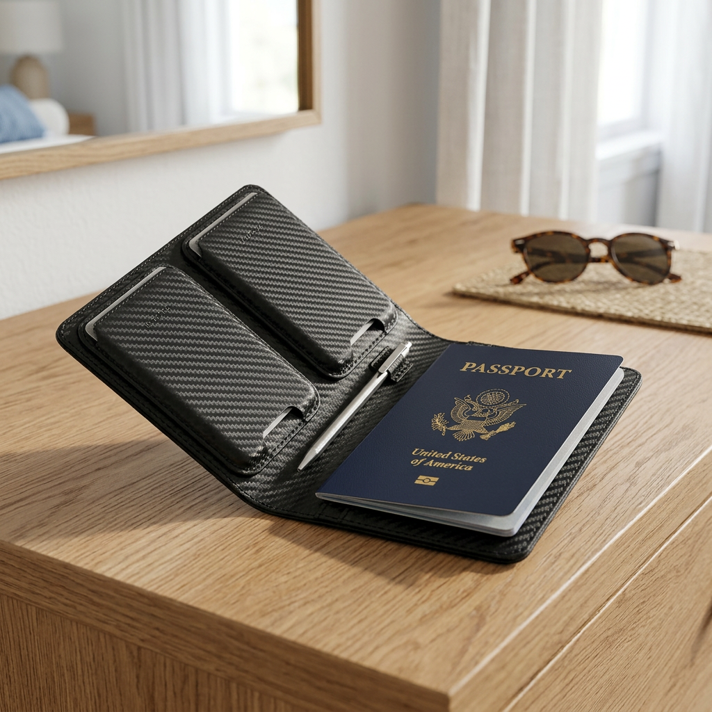 AI-generated lifestyle image of the black Dash Wallets Passport Journal open on an oak dresser in a coastal-style bedroom.