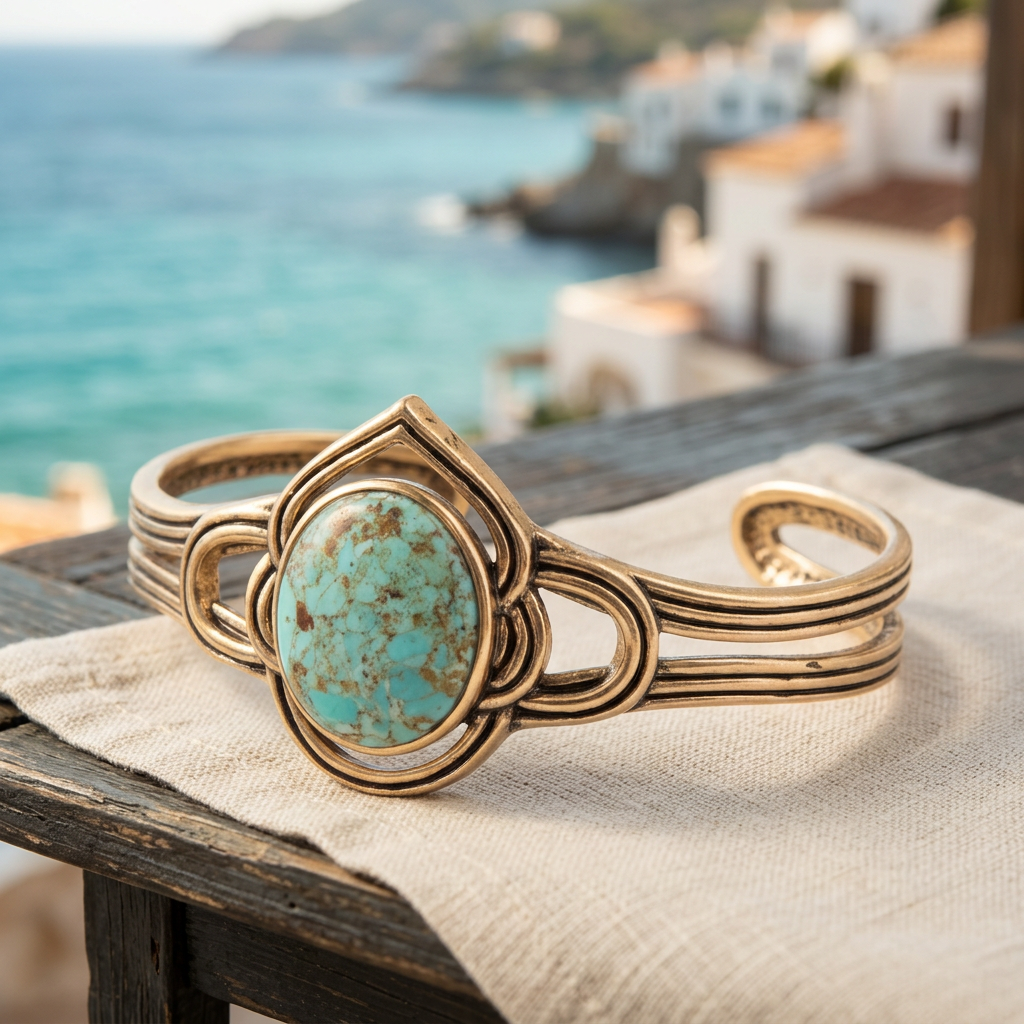 AI-generated lifestyle image of the Barse Nova turquoise and bronze cuff bracelet on cream linen at a seaside resort terrace.