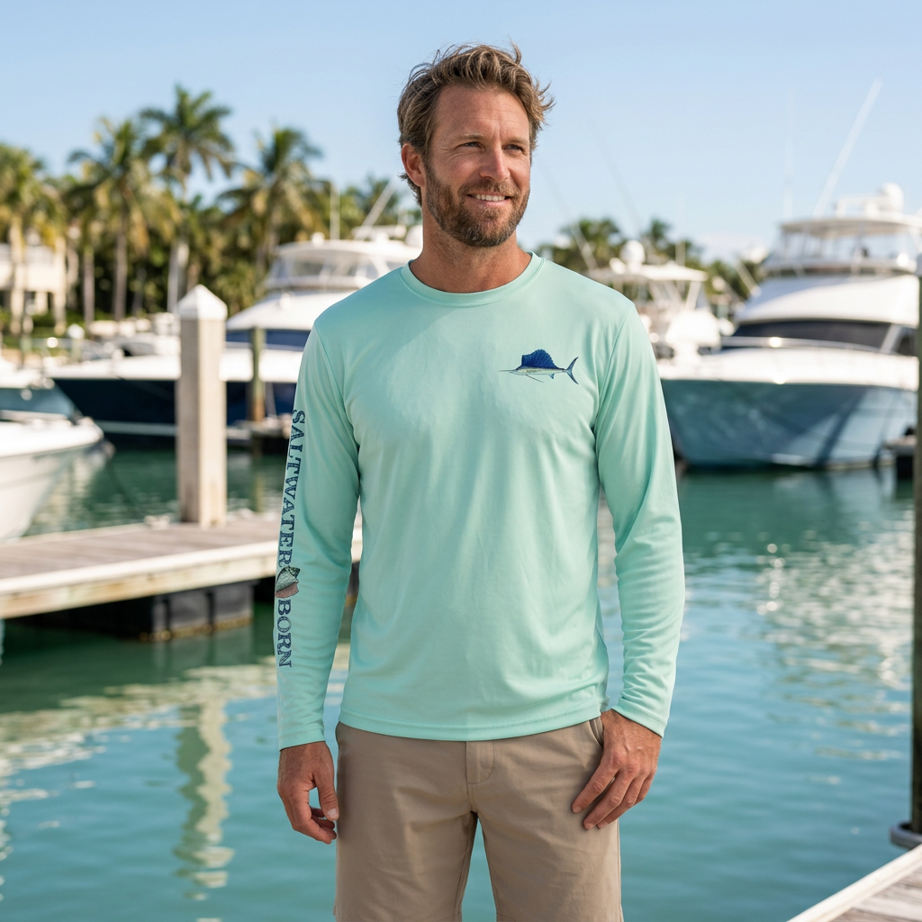 Man wearing a seafoam Saltwater Born Clean Sailfish long sleeve shirt on a sunny marina dock, square lifestyle image.