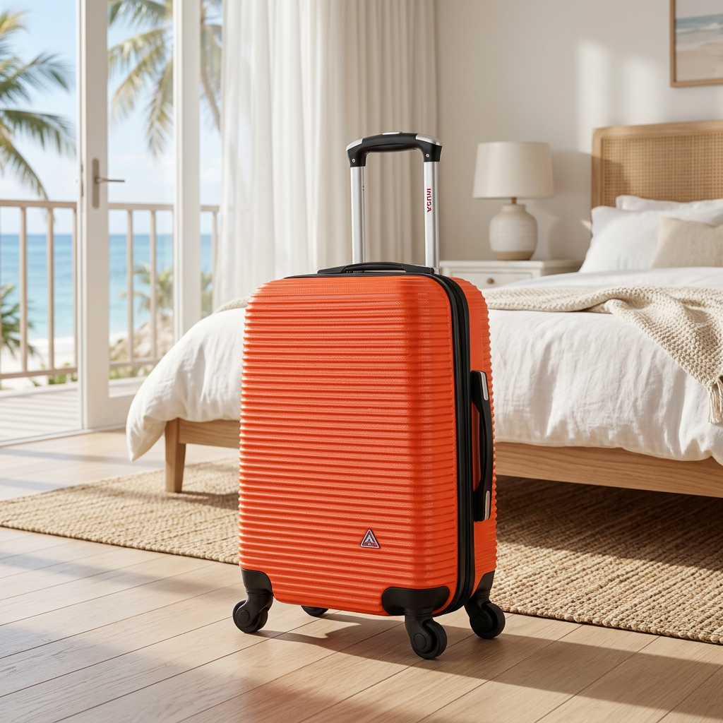 AI-generated lifestyle image of an orange InUSA Royal 20-inch carry-on spinner suitcase in a coastal resort room.