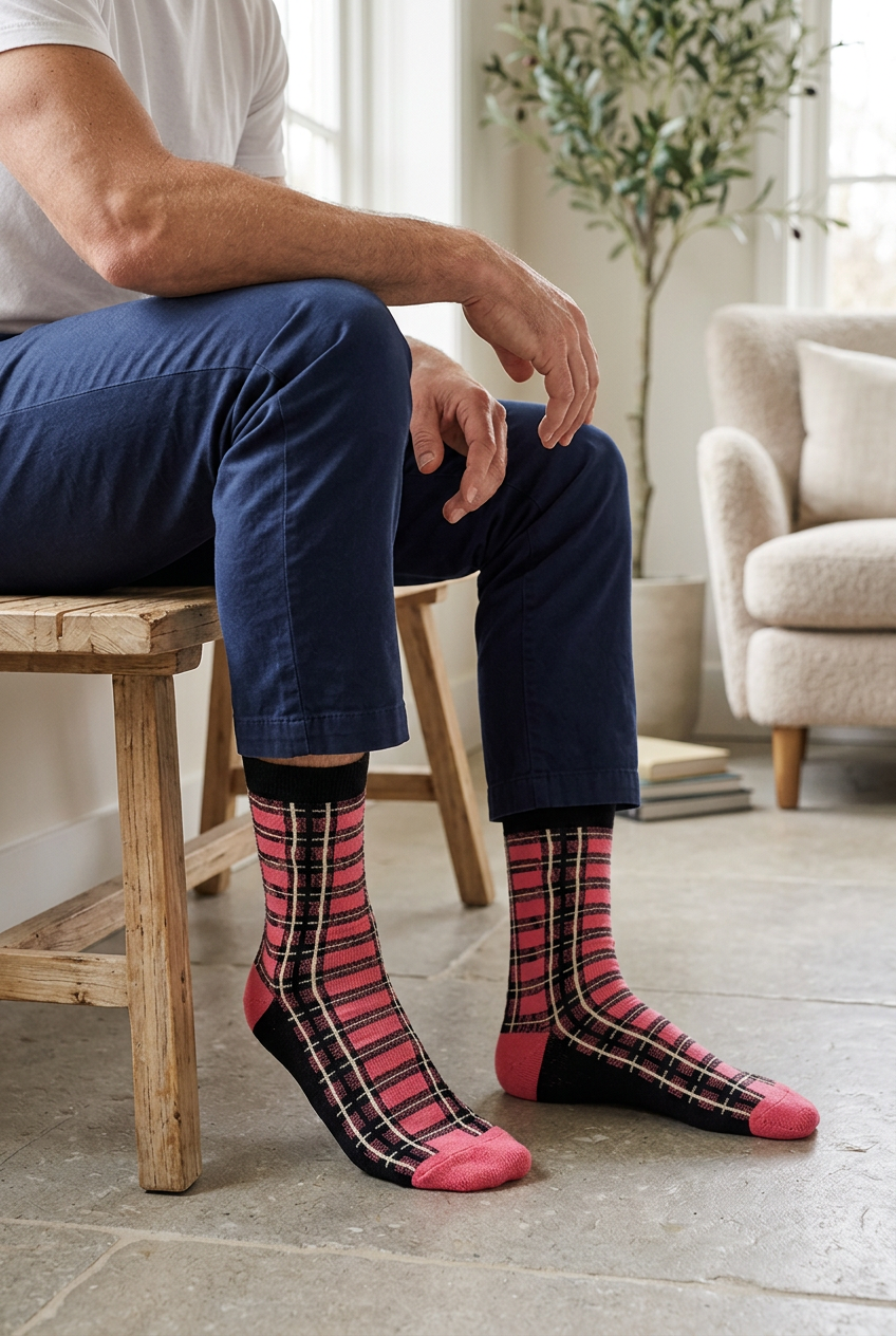 Man wearing Boldsocks Pink Black Plaid Bamboo Socks with navy trousers in a lounge setting