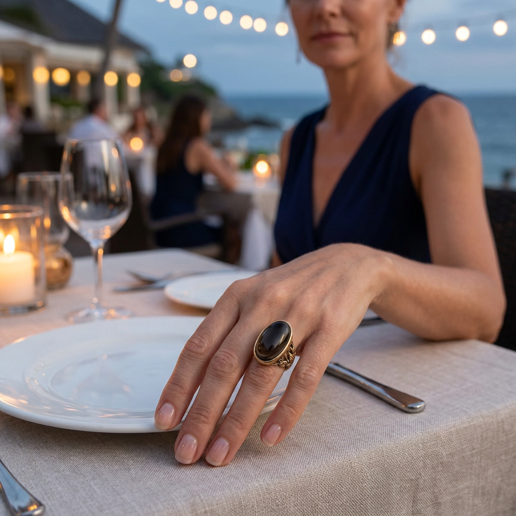 Woman wearing the Barse Enchanted smoky quartz gold-tone ring at a candlelit coastal resort dinner.