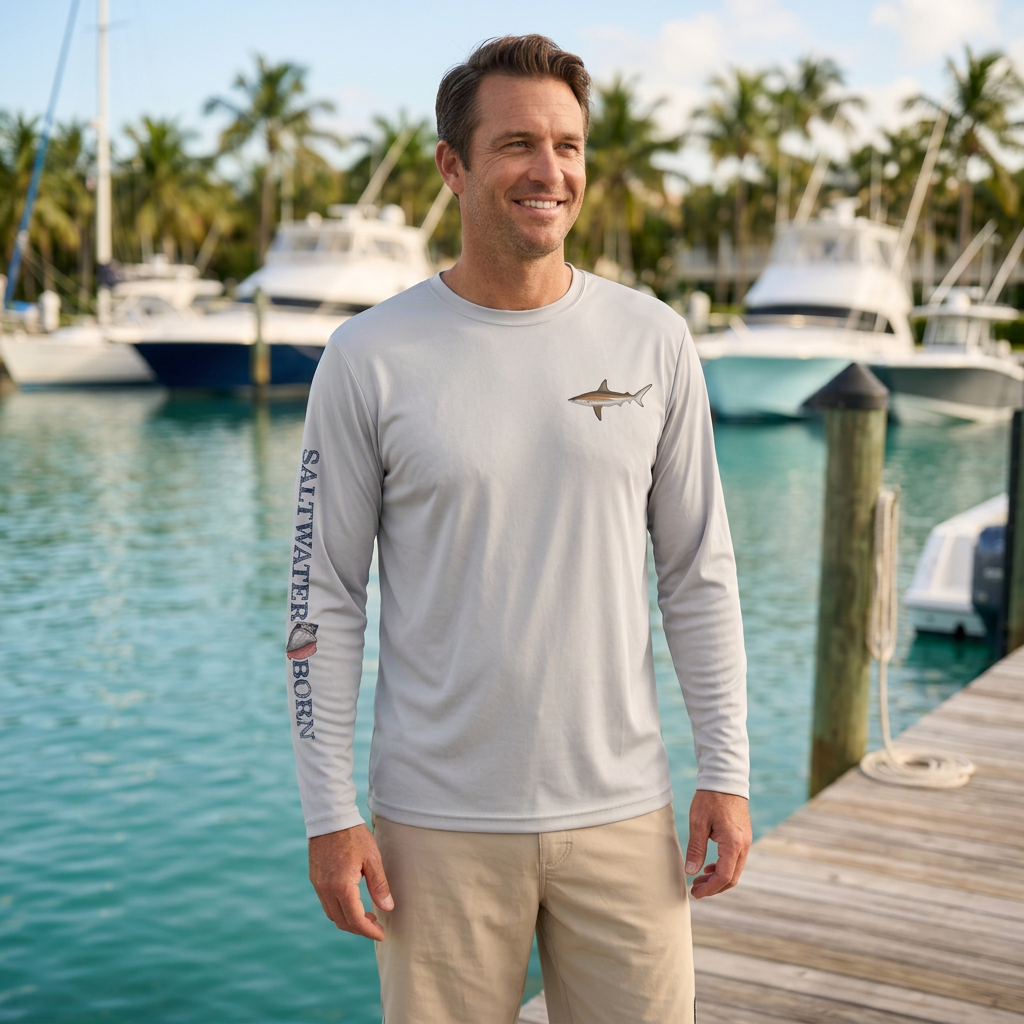Man wearing the silver-gray Saltwater Born Clean Blacktip long sleeve shirt at a tropical marina, square vacation lifestyle image.