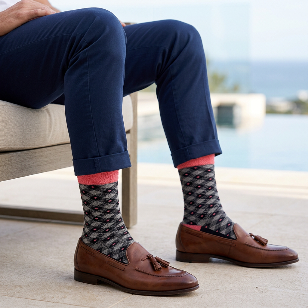Man wearing Boldsocks Pink Grey Diamond Bamboo Socks with navy trousers and brown loafers on a coastal terrace