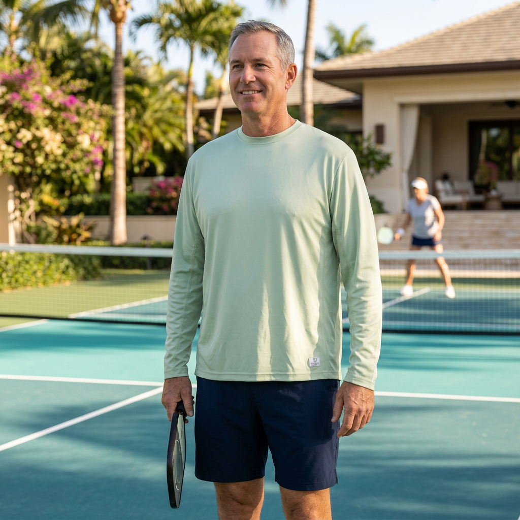AI-generated lifestyle image of a man wearing the Pickleball Bella Men's Smoke Green Long Sleeve Tee on a tropical resort pickleball court.