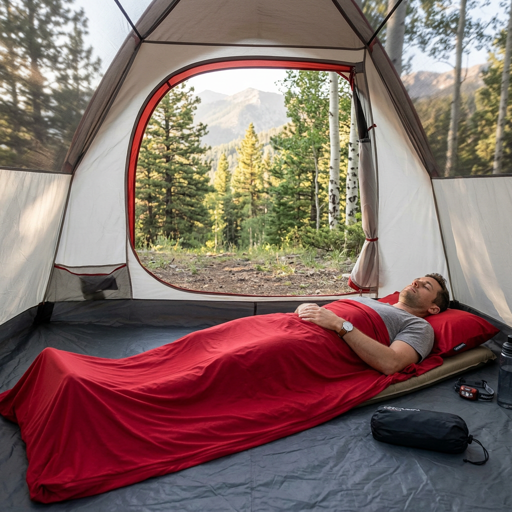 Traveler resting inside a red COCOON TravelSheet Radiator Thermolite liner in a tent at a wooded campsite.